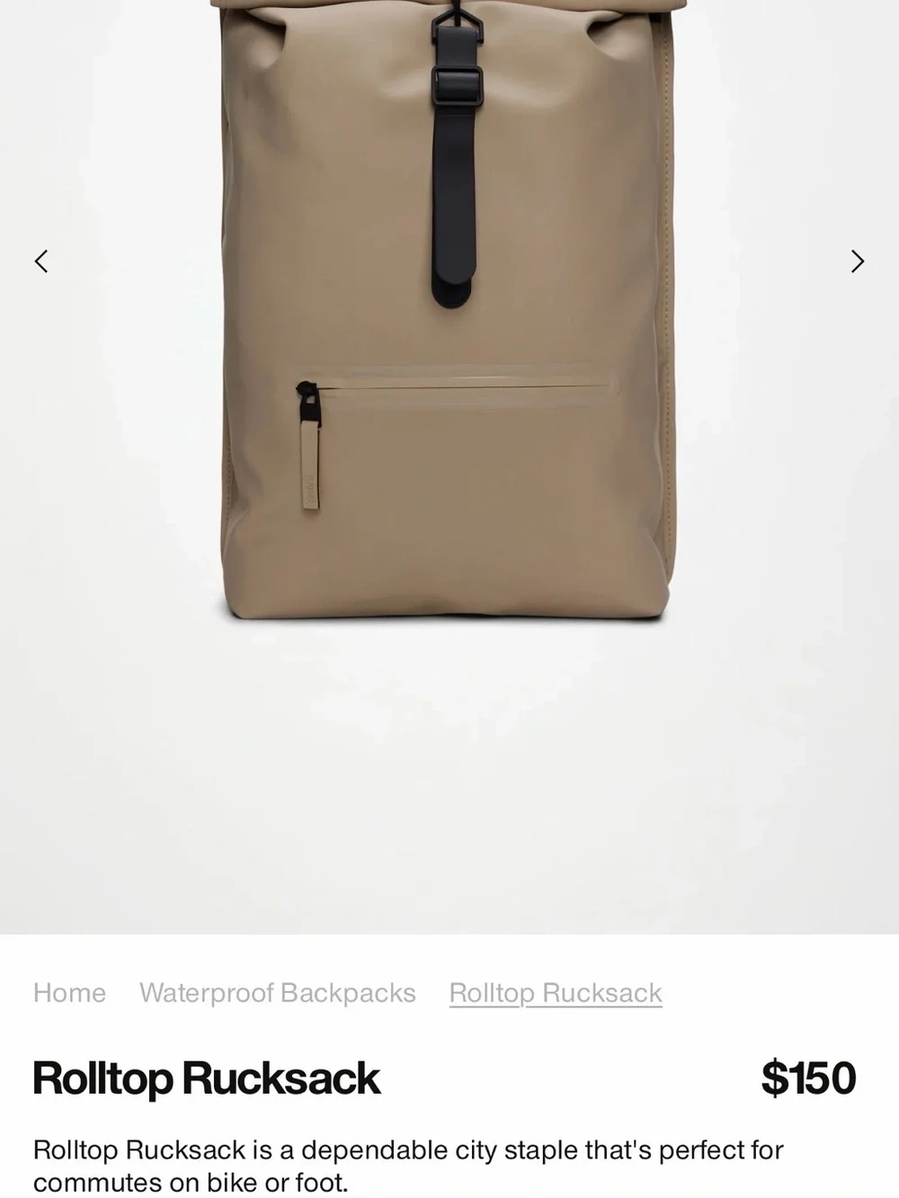 Rains Rolltop Rucksack Backpack in Beige with Black Trim